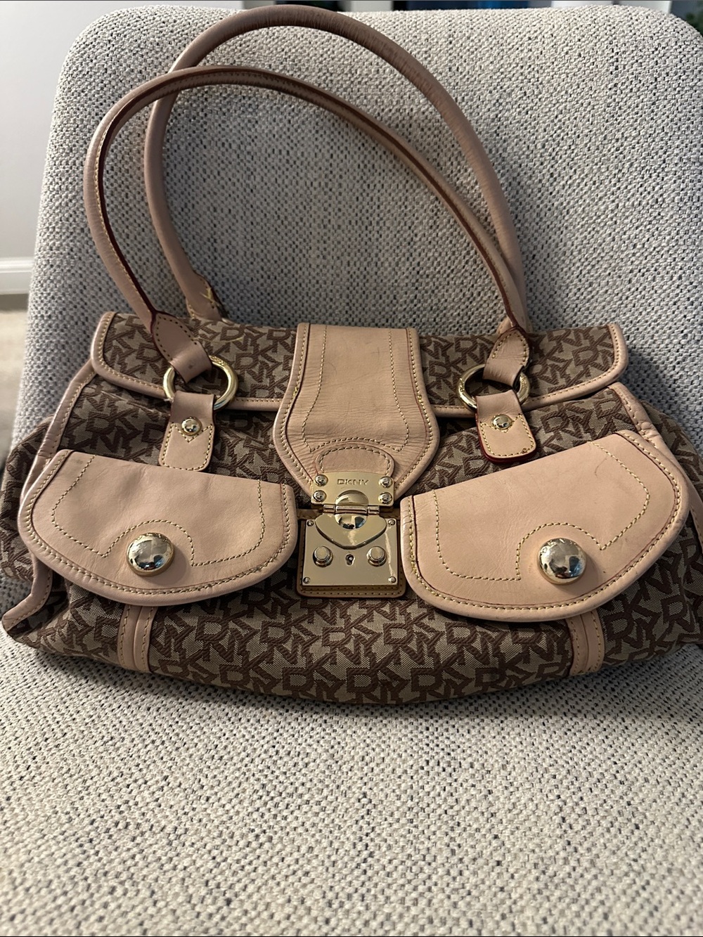 DKNY Brown Monogram Shoulder Bag with Beige Trim